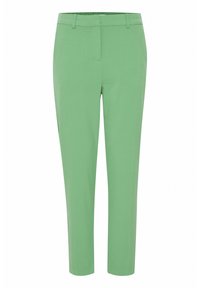 Pantaloni verdi su misura con una vestibilità slim, caratterizzati da una parte anteriore piatta, passanti per la cintura e un orlo alle caviglie, su uno sfondo neutro.