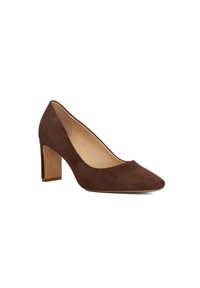 Brown suede high-heel pump with a pointed toe and a block heel. Smooth inner lining. Minimalist design with no visible decorations.