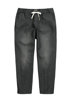 Męskie ciemnoszare dżinsowe spodnie dresowe z elastycznym pasem i białym sznurkiem, wyposażone w przednie kieszenie i proste nogawki.