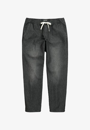 Pantaloni jogger da uomo in denim grigio scuro con vita elastica e coulisse bianca, dotati di tasche frontali e gambe dritte.