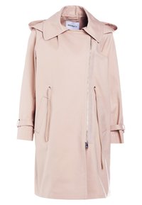 Manteau beige clair mi-genou avec grand col, fermeture éclair asymétrique, taille avec cordon de serrage et sangles à boucles sur les manches par MAX&Co.