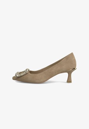 Punta in suede beige con punta rotonda e tacco a blocco piccolo. Presenta un'applicazione decorativa di strass sulla tomaia e una texture liscia.