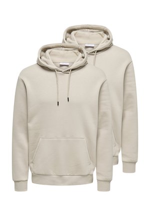 Two beige hooded sweatshirts with front pockets and drawstrings, displayed one behind the other on a white background.