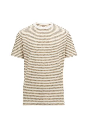 T-shirt à manches courtes rayé en tissu léger, avec des lignes horizontales blanches, beiges et vert clair alternées. Encolure ronde.