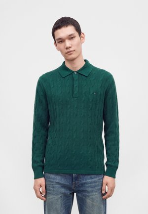 Jeune homme aux cheveux courts et foncés portant un polo vert en maille torsadée à manches longues et un jean bleu, debout devant un fond uni.