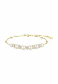 Bracciale in oro con perle bianche intervallate da accenti decorativi in oro e piccole pietre trasparenti, progettato con una delicata catena.
