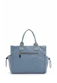 Hellblaues Tote Bag mit zwei kurzen Griffen, einer Reißverschlusstasche auf der Vorderseite, strukturiertem Gewebe und seitlichen Kordelzugverschluss.