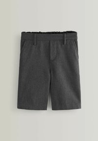 Gray shorts with a textured fabric, featuring a waistband with elastic, two front pockets, and crease detailing.