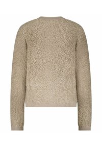 Beige lange-sleeve sherpa fleece trui met geribde manchetten, zoom en ronde hals, gezien vanaf de achterkant.