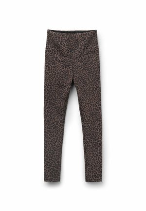 Leggings con estampado de leopardo en tonos marrón y negro, con una cinturilla ancha y un diseño ajustado. Tejido liso y elástico.