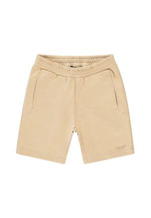 Beige shorts met een elastische tailleband, twee zijzakken en een eenvoudig ontwerp. Gemaakt van een gladde, lichtgewicht stof.