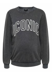 Sudadera de color gris oscuro con "ICONIC" en tachuelas blancas y plateadas, mangas largas, puños y dobladillo acanalados, textura suave y ajuste relajado.
