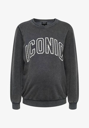 Felpa grigia scura con la scritta "ICONIC" in borchie bianche e argento, maniche lunghe, polsini e orlo a costine, texture morbida, vestibilità comoda.