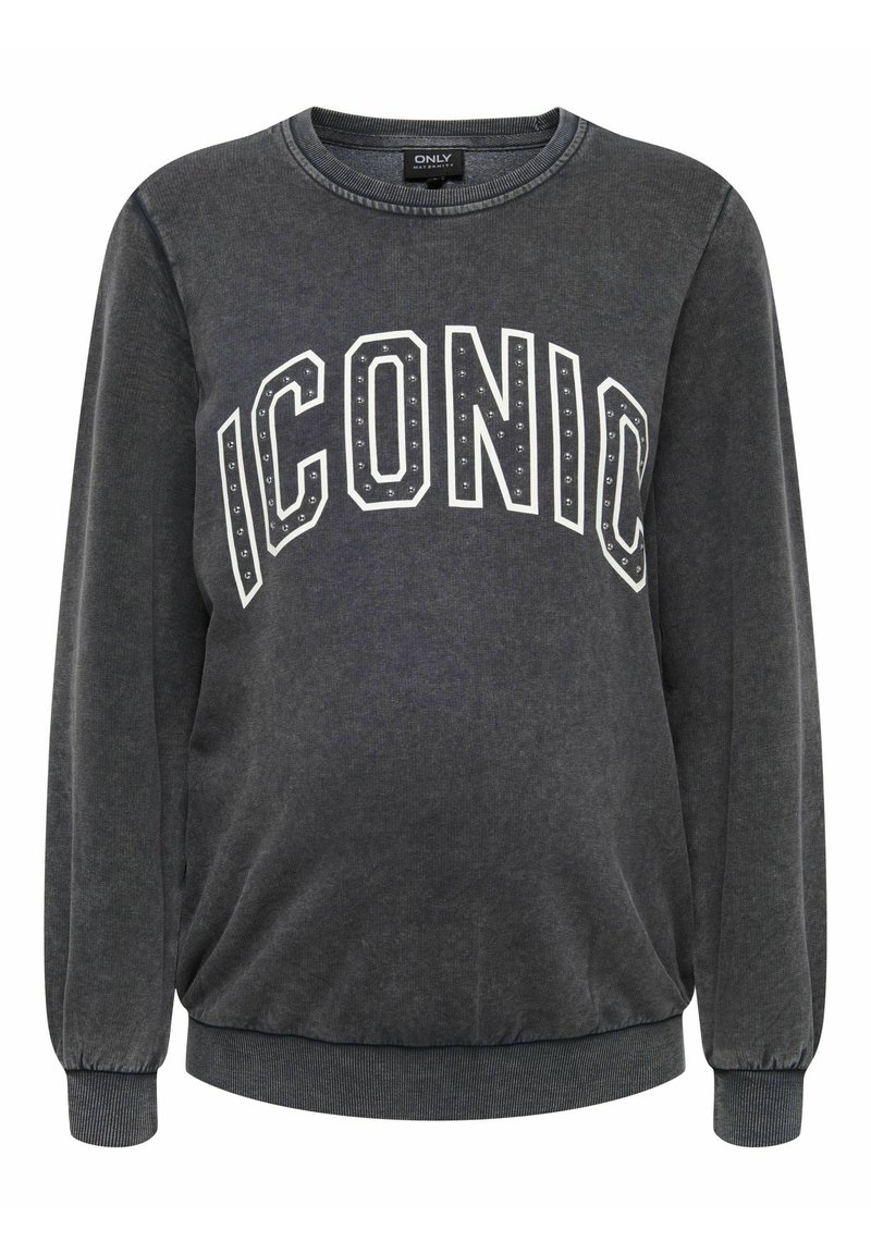 Sudadera de color gris oscuro con "ICONIC" en tachuelas blancas y plateadas, mangas largas, puños y dobladillo acanalados, textura suave y ajuste relajado.