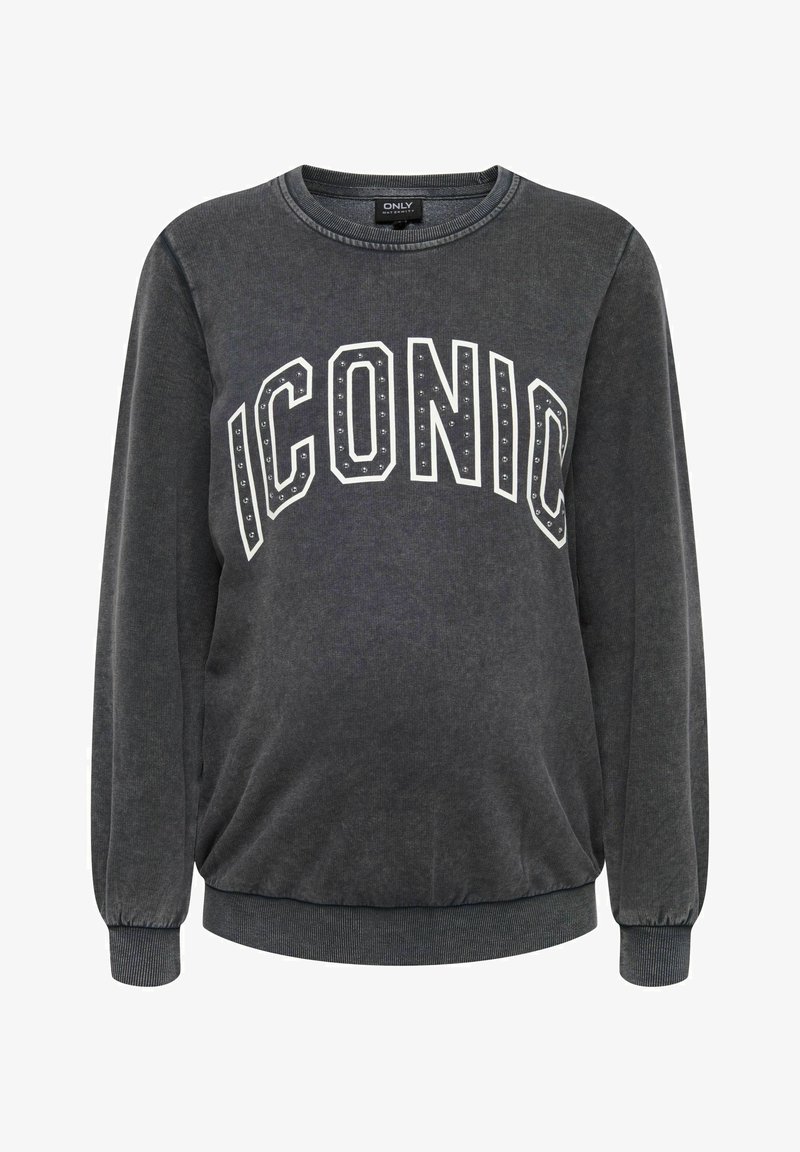 Sudadera de color gris oscuro con "ICONIC" en tachuelas blancas y plateadas, mangas largas, puños y dobladillo acanalados, textura suave y ajuste relajado.