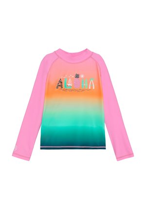 Maglietta aderente a maniche lunghe rosa con sfumatura dal davanti arancione al turchese e testo colorato "Aloha" con icone tropicali.