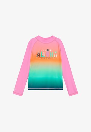Langärmeliges, pinkfarbenes Rashguard mit verlaufendem Orange-zu-Türkis auf der Vorderseite und buntem "Aloha"-Schriftzug mit tropischen Symbolen.