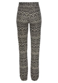 Zwarte en beige geprinte broek met een geometrisch ontwerp, elastische tailleband en taps toelopende pijpen. Zachte stof met een gladde textuur.