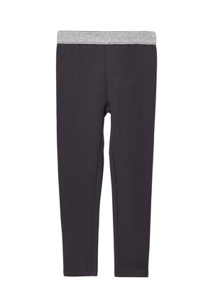 Leggings van donkergrijze stof met een zachte, elastische zilveren tailleband. Gladde textuur en aansluitend ontwerp voor comfort en bewegingsvrijheid.