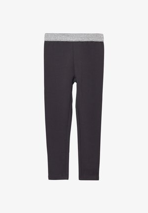 Leggings de tela gris oscuro con una suave cinturilla elástica plateada. Textura lisa y diseño ajustado para comodidad y libertad de movimiento.