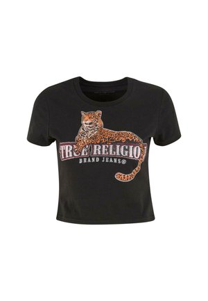 Camiseta negra corta de algodón, con un diseño de leopardo naranja impreso y "True Religion Brand Jeans" en strass plateados.