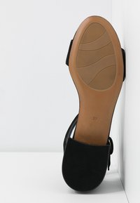 Semelle d'une sandale plate noire avec talon texturé et sections de grip en caoutchouc brun, taille 37 imprimée sur la semelle intérieure, positionnée à la verticale contre une surface blanche.