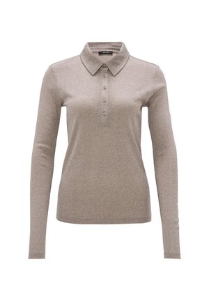 Long-sleeved polo shirt in a light metallic beige fabric. Features a collar, six button placket, and a fitted design. Smooth texture.