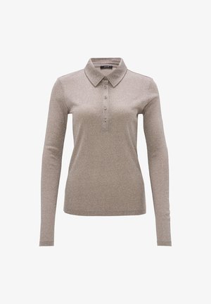 Long-sleeved polo shirt in a light metallic beige fabric. Features a collar, six button placket, and a fitted design. Smooth texture.
