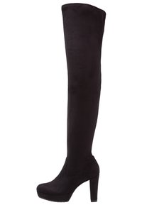 Botas de ante negras hasta la rodilla con punta redonda, suela de plataforma y un tacón ancho y cónico. Textura suave y diseño sin costuras.