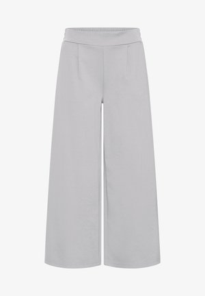 Pantalones anchos de pierna ancha en gris claro con una cintura alta elástica, dos bolsillos delanteros y una textura suave. Diseñados para ofrecer comodidad y facilidad de movimiento.