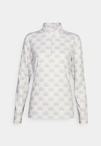 Långärmad tröja i ljusgrått med dragkedja vid halsen. Har ett upprepande snäckmönster och en slät, lätt tygtextur.