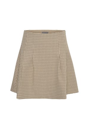 Brown and cream checked mini skirt, pleated design, A-line shape, smooth fabric texture, subtle logo tag at the waist.