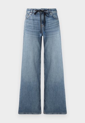 Wide-leg denim jeans in light blue with a faded texture. Features an adjustable waistband with a black drawstring and traditional pockets.