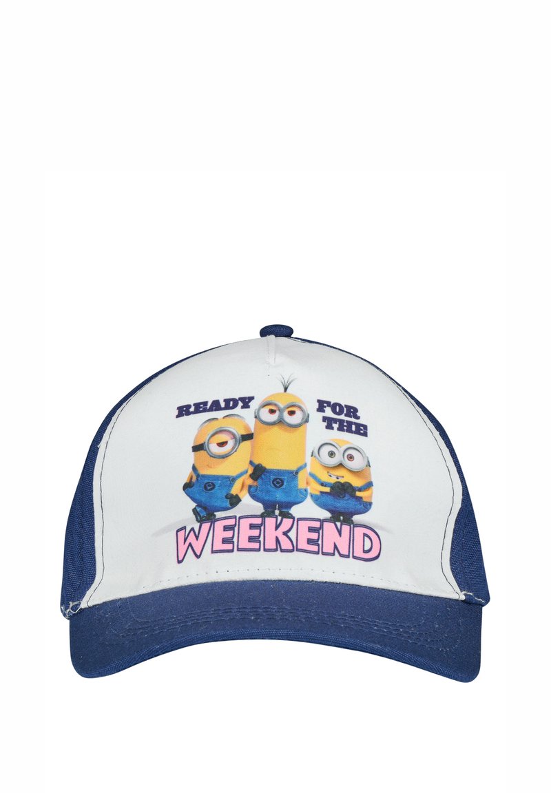 Cappellino da baseball blu e bianco con personaggi dei Minions e il testo "PRONTI PER IL FINE SETTIMANA". Tessuto morbido con visiera curva.