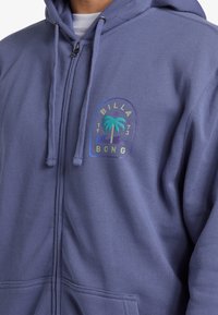 Sudadera con cremallera de color púrpura hecha de tela suave, que presenta un gráfico de una palmera y el texto "BILLA BONG 1973" en impresión colorida en el pecho.