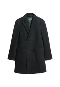 Dunkelgrauer Wollmantel mit zweireihiger Knopfleiste, notched Revers, zwei Außentaschen und schwarzen Knöpfen. Glatter Stoff, mittellang bis zur Mitte des Oberschenkels.