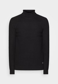 Pull à col roulé noir en maille texturée, avec poignets et ourlet côtelés, présentant des motifs à rayures horizontales sur la poitrine.