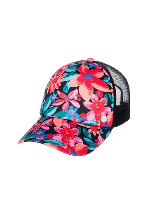 Baseballkasket med sort mesh-bagside og farverigt blomsterprint i rødt, pink, blåt og grønt på frontpanelerne og skyggen.