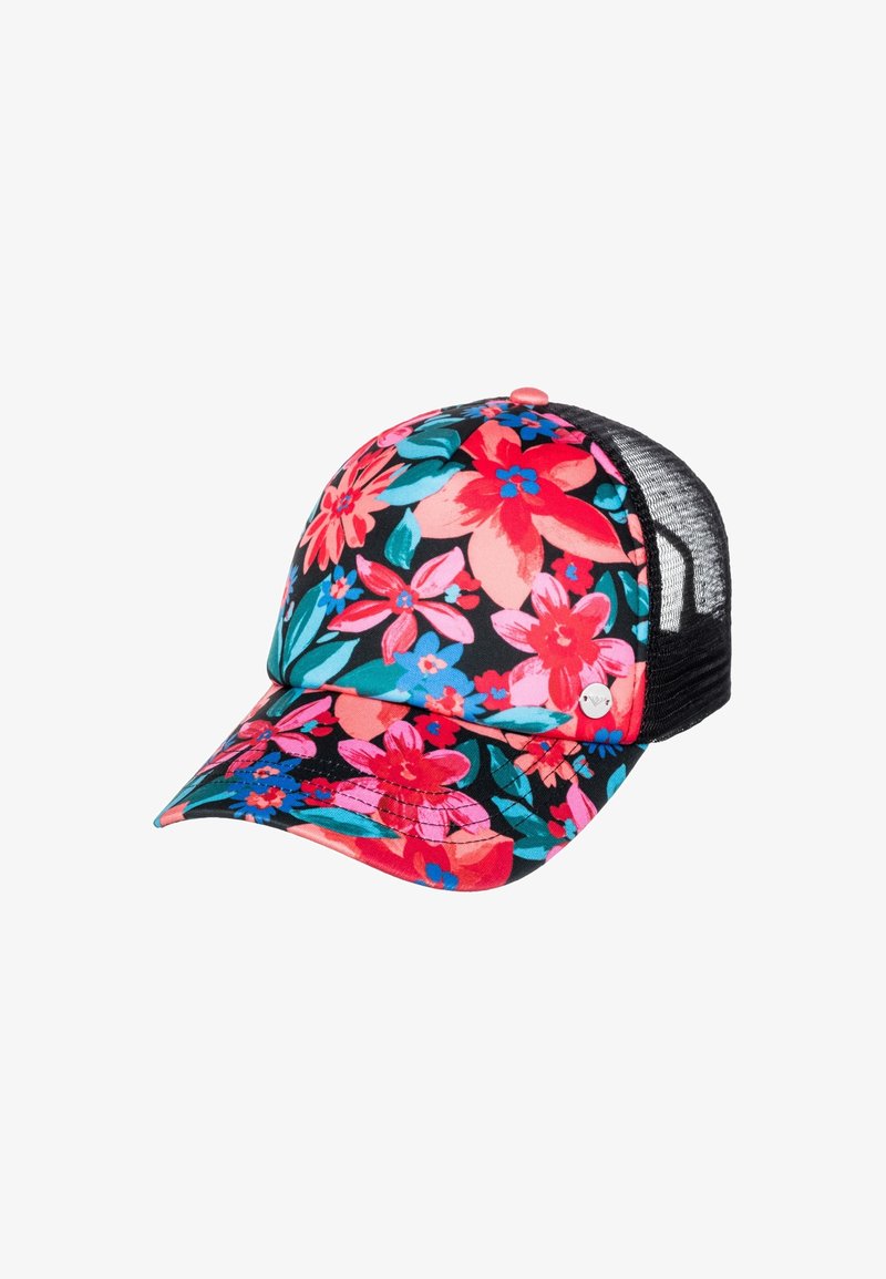 Casquette de baseball avec dos en mesh noir et motif floral coloré rouge, rose, bleu et vert sur les panneaux avant et la visière.