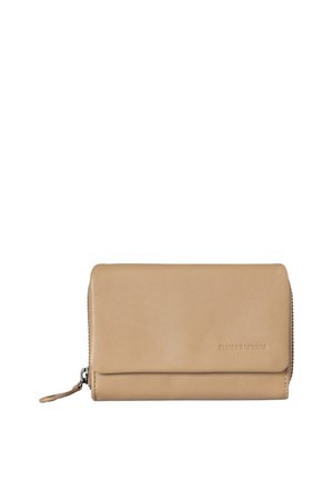 Portafoglio in pelle beige con chiusura a zip, dalla texture liscia e un design semplice. Logo impresso sul pannello frontale. Forma rettangolare.