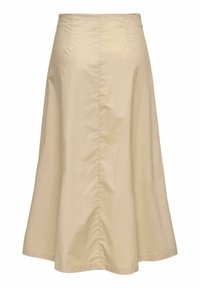 Jupe midi beige taille haute en ligne A avec détail de couture centrale, en tissu léger.