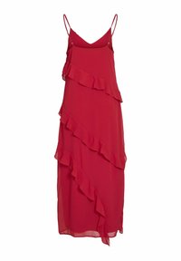 Raudona be rankovių suknelė, turinti kelis volangus priekyje. Pagaminta iš lengvos medžiagos, turi laisvą dizainą ir V formos iškirpę.