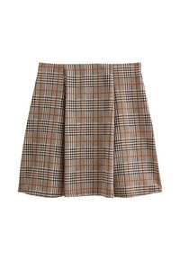 Geruite rok van een geweven stof, met beige, zwarte en oranje ruitpatronen. A-lijn vorm met plooien aan de voorkant voor extra beweging.