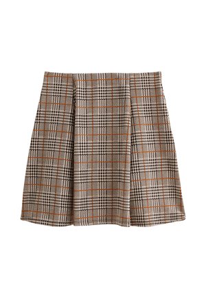 Jupe à carreaux en tissu tissé, présentant des motifs check beiges, noirs et oranges. Forme évasée avec des plis à l'avant pour plus de mouvement.