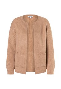 Beige gestrickte Strickjacke mit Rundhalsausschnitt, offener Vorderseite, zwei Fronttaschen und geripptem Muster. Weiches Material mit langen Ärmeln.