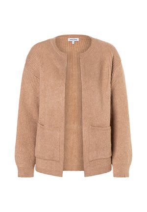 Beige gestrickte Strickjacke mit Rundhalsausschnitt, offener Vorderseite, zwei Fronttaschen und geripptem Muster. Weiches Material mit langen Ärmeln.