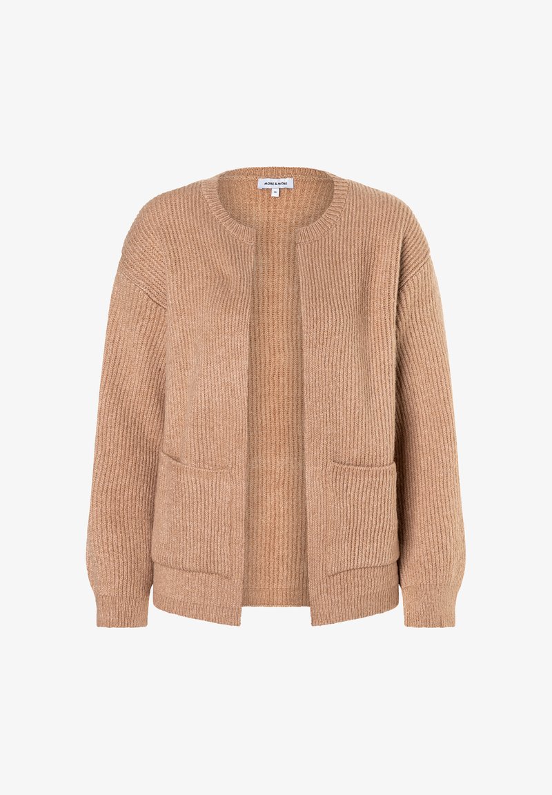 Beige gestrickte Strickjacke mit Rundhalsausschnitt, offener Vorderseite, zwei Fronttaschen und geripptem Muster. Weiches Material mit langen Ärmeln.