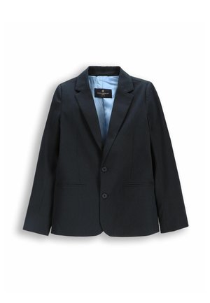 Czarna formalna damska marynarka zapinana na dwa guziki, z klapami z wcięciem i jasnoniebieską podszewką, ułożona płasko na białym tle.