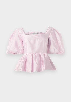 Light pink peplum top made from shiny satin fabric. Features a square neckline and puffed sleeves with an elasticized hem.