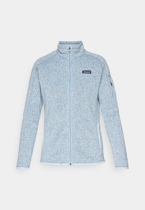 Light blue fleece jacket with a textured pattern, high collar, full zipper, and side pockets. Features a Patagonia logo on the chest.